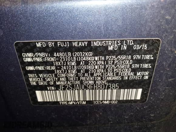 2015 Subaru Forester Touring with VIN JF2SJAUC9FH807385, listed as a IAAI auction lot 43508096 with 103,862 mi miles and . Bid and sale history available at DreamBid. Image 9.