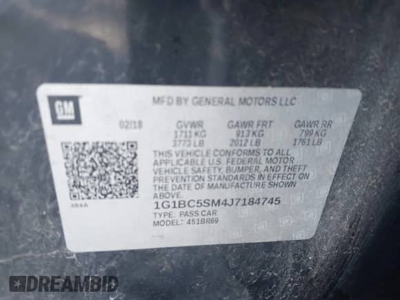 2018 Chevrolet Cruze LS с VIN 1G1BC5SM4J7184745, выставлен на аукционе IAAI как лот 43429555 с пробегом 203 520 миль миль и . История ставок и продаж доступна на DreamBid. Изображение 9.