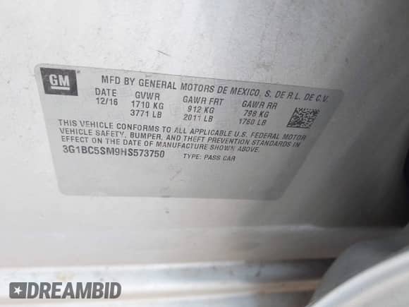 2017 Chevrolet Cruze LS z VIN 3G1BC5SM9HS573750, wystawiony jako IAAI lot #42623267 z przebiegiem 109 583 mil mil oraz . Historia ofert i sprzedaży dostępna na DreamBid. Obrazek 9.