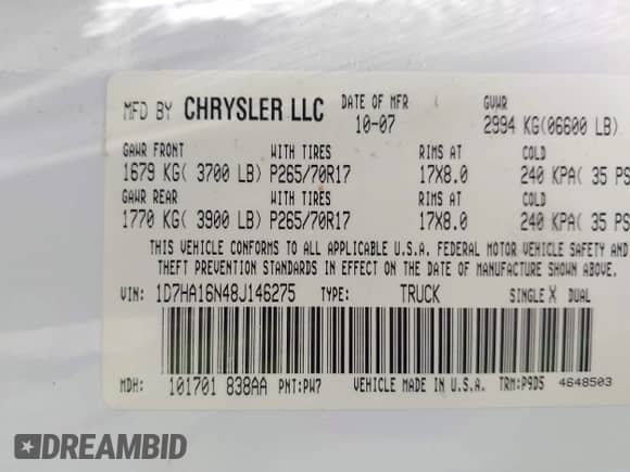 2008 Dodge 1500 SLT with VIN 1D7HA16N48J146275, listed as a IAAI auction lot 42761066 with 310,168 mi miles and . Bid and sale history available at DreamBid. Image 9.
