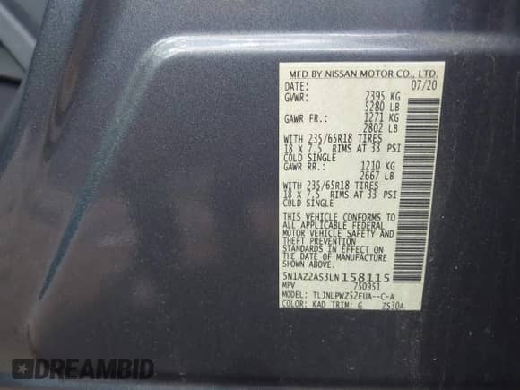 2020 Nissan Murano S with VIN 5N1AZ2AS3LN158115, listed as a IAAI auction lot 43112645 with 17,647 mi miles and . Bid and sale history available at DreamBid. Image 9.