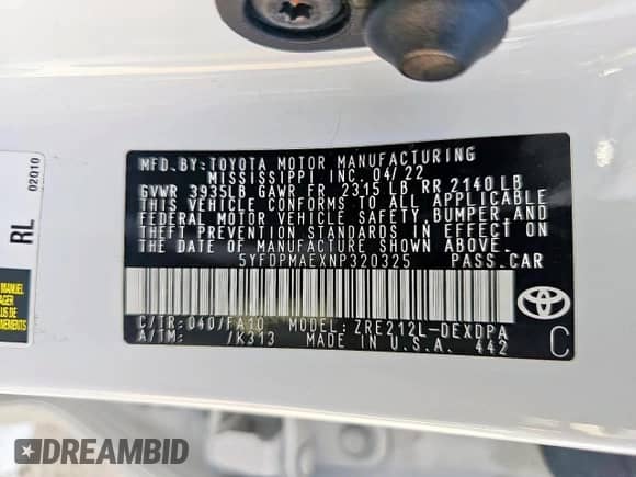 2022 Toyota Corolla L with VIN 5YFDPMAEXNP320325, listed as a Copart auction lot 64607715 with 52,608 mi miles and Clean title. Bid and sale history available at DreamBid. Image 10.