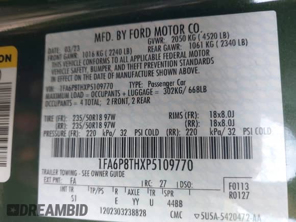 2023 Ford Mustang EcoBoost с VIN 1FA6P8THXP5109770, выставлен на аукционе IAAI как лот 43351700 с пробегом 30 625 миль миль и . История ставок и продаж доступна на DreamBid. Изображение 9.