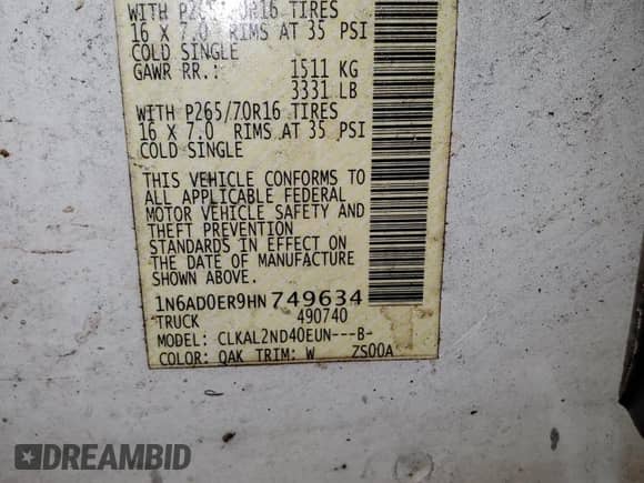 2017 Nissan Frontier SV with VIN 1N6AD0ER9HN749634, listed as a Copart auction lot 84887005 with 171,442 mi miles and Salvage title. Bid and sale history available at DreamBid. Image 13.