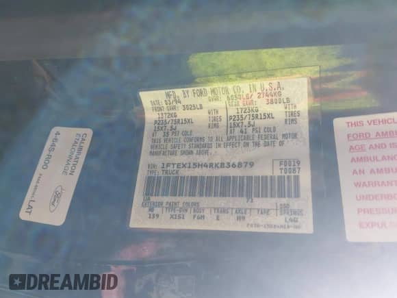 1994 Ford F-150 с VIN 1FTEX15H4RKB36879, выставлен на аукционе IAAI как лот 43158120 с пробегом 190 556 миль миль и . История ставок и продаж доступна на DreamBid. Изображение 9.