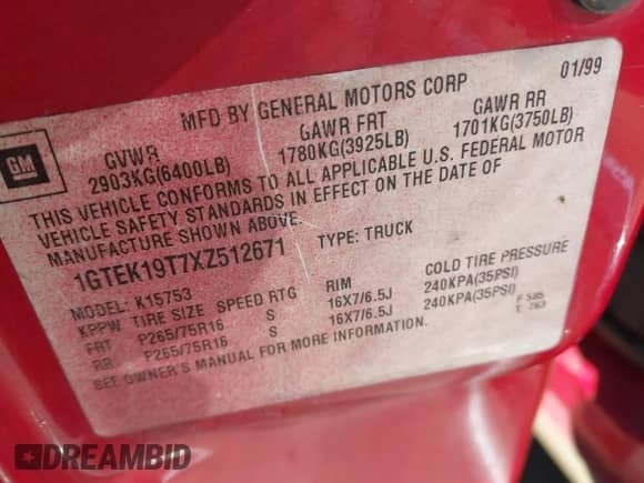1999 GMC Sierra 1500 SL с VIN 1GTEK19T7XZ512671, выставлен на аукционе IAAI как лот 43359724 с пробегом 301 467 миль миль и . История ставок и продаж доступна на DreamBid. Изображение 9.