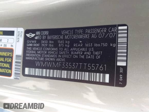 2007 MINI Hardtop with VIN WMWMF33537TT55761, listed as a IAAI auction lot 43072021 with 190,545 mi miles and . Bid and sale history available at DreamBid. Image 9.