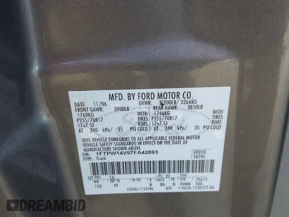 2007 Ford F-150 XLT with VIN 1FTPW14V97FA42893, listed as a Copart auction lot 89632325 with 131,982 mi miles and Clean title. Bid and sale history available at DreamBid. Image 12.