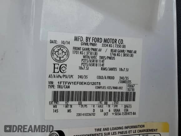 2014 Ford F-150 FX4 с VIN 1FTFW1EF0EKG12075, выставлен на аукционе Copart как лот 86087935 с пробегом 116 486 миль миль и Списание • Salvage title. История ставок и продаж доступна на DreamBid. Изображение 13.