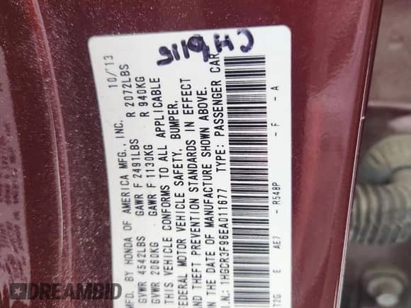 2014 Honda Accord Touring with VIN 1HGCR3F96EA011677, listed as a Copart auction lot 70008305 with 189,781 mi miles and Salvage title. Bid and sale history available at DreamBid. Image 13.