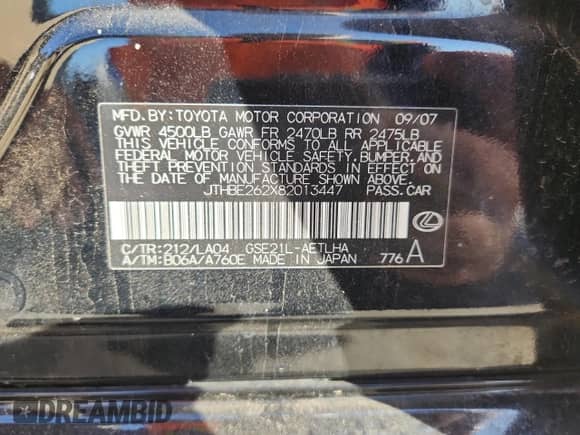 2008 Lexus IS 350 с VIN JTHBE262X82013447, выставлен на аукционе Copart как лот 85937335 с пробегом 148 820 миль миль и Списание • Salvage title. История ставок и продаж доступна на DreamBid. Изображение 12.