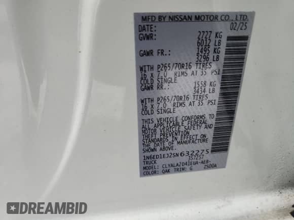 2025 Nissan Frontier Pro-X with VIN 1N6ED1EJ2SN632275, listed as a Copart auction lot 70260545 with 2,978 mi miles and Salvage title. Bid and sale history available at DreamBid. Image 13.