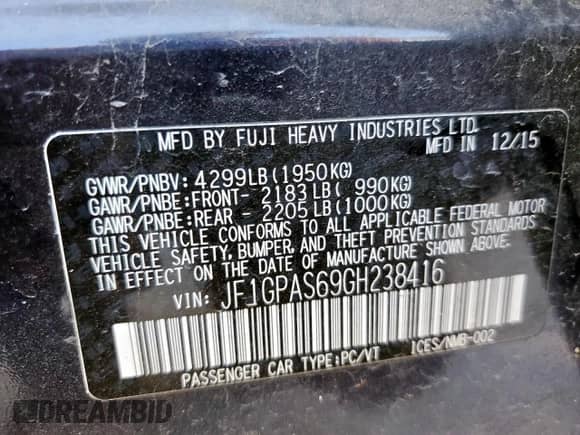 2016 Subaru Impreza Special Sports Premium z VIN JF1GPAS69GH238416, wystawiony jako Copart lot #57728135 z przebiegiem 46 733 mil mil oraz Szkoda całkowita • Salvage title. Historia ofert i sprzedaży dostępna na DreamBid. Obrazek 13.