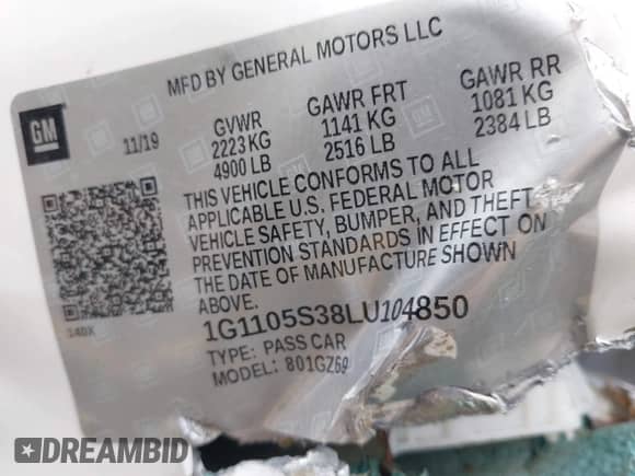 2020 Chevrolet Impala Premier with VIN 1G1105S38LU104850, listed as a IAAI auction lot 42600793 with Not provided miles and . Bid and sale history available at DreamBid. Image 9.