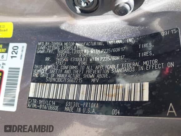 2015 Toyota Sienna XLE with VIN 5TDYK3DC7FS662215, listed as a IAAI auction lot 43208864 with 142,089 mi miles and . Bid and sale history available at DreamBid. Image 9.