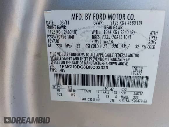 2011 Ford Escape XLT с VIN 1FMCU9DG8BKC03329, выставлен на аукционе IAAI как лот 43192782 с пробегом 122 131 миль миль и . История ставок и продаж доступна на DreamBid. Изображение 9.