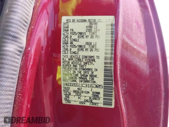 2001 Nissan Frontier XE с VIN 1N6DD26S11C316305, выставлен на аукционе IAAI как лот 42396668 с пробегом 150 880 миль миль и . История ставок и продаж доступна на DreamBid. Изображение 9.