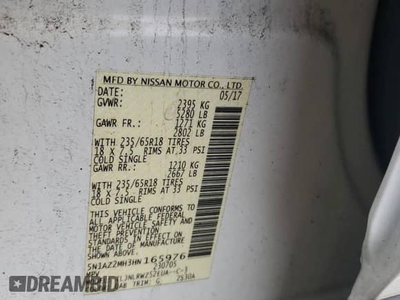 2017 Nissan Murano SL with VIN 5N1AZ2MH3HN165976, listed as a Copart auction lot 83758005 with 114,367 mi miles and Salvage title. Bid and sale history available at DreamBid. Image 14.