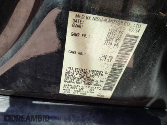 2015 Nissan Altima SL with VIN 1N4AL3AP4FC174952, listed as a IAAI auction lot 43079811 with 103,577 mi miles and . Bid and sale history available at DreamBid. Image 9.