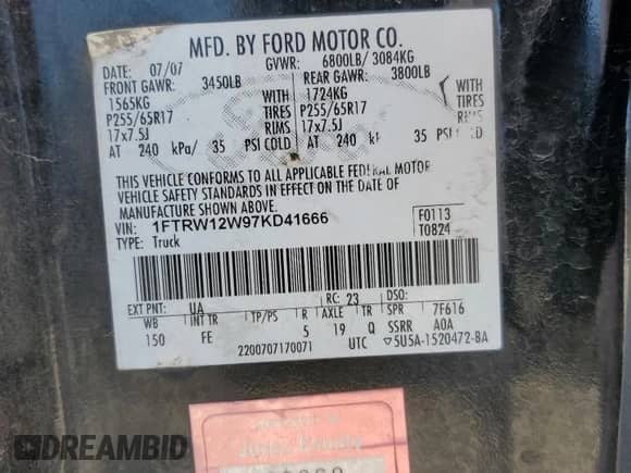 2007 Ford F-150 XLT с VIN 1FTRW12W97KD41666, выставлен на аукционе Copart как лот 84791535 с пробегом 206 385 миль миль и Списание • Salvage title. История ставок и продаж доступна на DreamBid. Изображение 12.