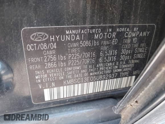 2005 Hyundai Santa Fe GLS с VIN KM8SC13E05U892937, выставлен на аукционе IAAI как лот 42721314 с пробегом 155 895 миль миль и . История ставок и продаж доступна на DreamBid. Изображение 9.