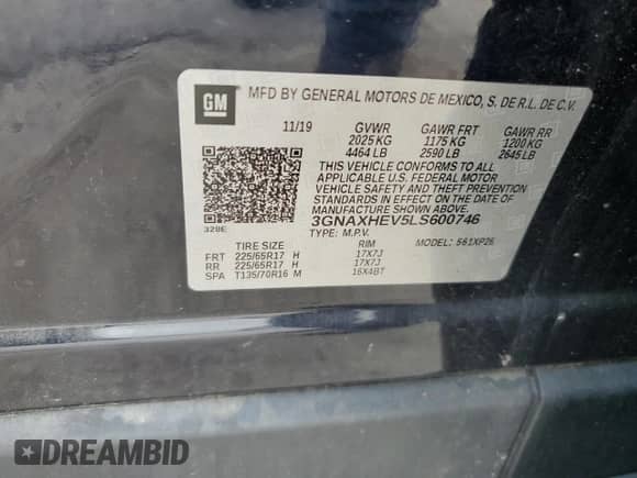 2020 Chevrolet Equinox LS with VIN 3GNAXHEV5LS600746, listed as a Copart auction lot 60289365 with 88,734 mi miles and Salvage title. Bid and sale history available at DreamBid. Image 14.