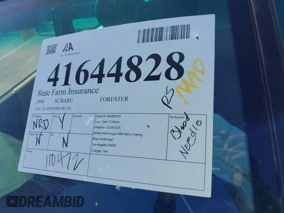 1998 Subaru Forester S with VIN JF1SF6559WH783141, listed as a IAAI auction lot 41644828 with 110,472 mi miles and . Bid and sale history available at DreamBid. Image 12.