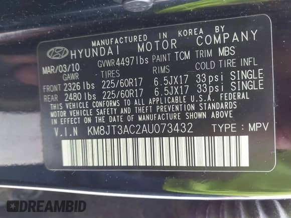 2010 Hyundai Tucson GLS z VIN KM8JT3AC2AU073432, wystawiony jako IAAI lot #42738478 z przebiegiem 192 990 mil mil oraz . Historia ofert i sprzedaży dostępna na DreamBid. Obrazek 9.