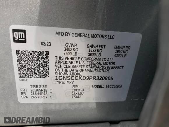 2023 Chevrolet Suburban LT with VIN 1GNSCCKD9PR320805, listed as a Copart auction lot 80710805 with 65,249 mi miles and Non repairable. Bid and sale history available at DreamBid. Image 13.