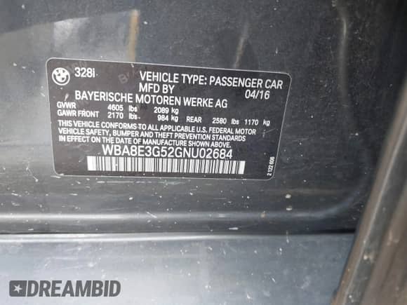 2016 BMW 3 Series 328i xDrive z VIN WBA8E3G52GNU02684, wystawiony jako IAAI lot #43044475 z przebiegiem 106 946 mil mil oraz . Historia ofert i sprzedaży dostępna na DreamBid. Obrazek 9.