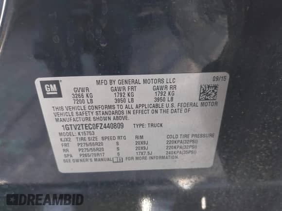 2015 GMC Sierra 1500 z VIN 1GTV2TEC0FZ440809, wystawiony jako IAAI lot #43328074 z przebiegiem Nie podano mil oraz . Historia ofert i sprzedaży dostępna na DreamBid. Obrazek 9.