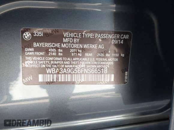 2015 BMW 3 Series 335i z VIN WBA3A9G56FNS66518, wystawiony jako IAAI lot #43449423 z przebiegiem 81 425 mil mil oraz . Historia ofert i sprzedaży dostępna na DreamBid. Obrazek 9.