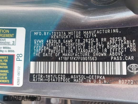 2015 Toyota Camry SE z VIN 4T1BF1FK7FU901563, wystawiony jako IAAI lot #43286253 z przebiegiem 172 409 mil mil oraz . Historia ofert i sprzedaży dostępna na DreamBid. Obrazek 9.