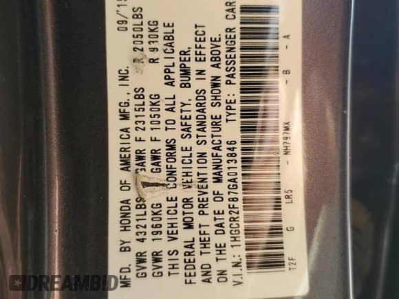 2016 Honda Accord EX-L with VIN 1HGCR2F87GA013846, listed as a Copart auction lot 64591525 with 58,218 mi miles and Salvage title. Bid and sale history available at DreamBid. Image 12.