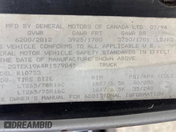 1994 GMC Sierra 1500 with VIN 2GTEK19K4R1579845, listed as a Copart auction lot 89894485 with 148,811 mi miles and Clean title. Bid and sale history available at DreamBid. Image 10.