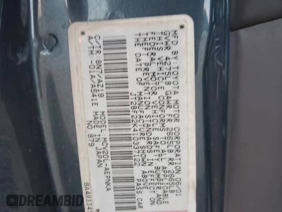 2001 Toyota Camry LE with VIN JT2BF22K410337122, listed as a Copart auction lot 82597205 with 79,851 mi miles and Salvage title. Bid and sale history available at DreamBid. Image 12.