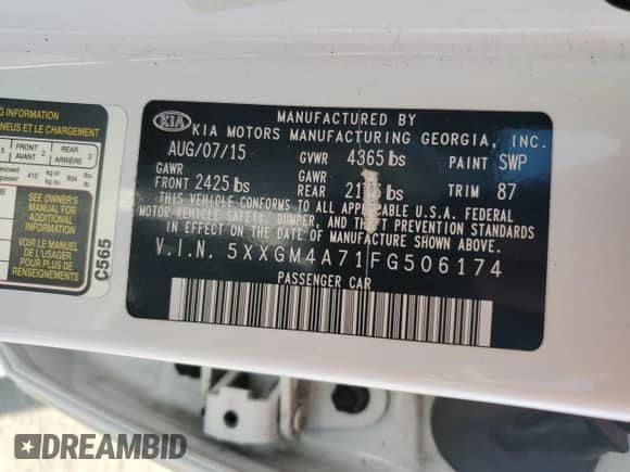 2015 Kia Optima LX with VIN 5XXGM4A71FG506174, listed as a Copart auction lot 68332865 with 149,340 mi miles and Salvage title. Bid and sale history available at DreamBid. Image 13.