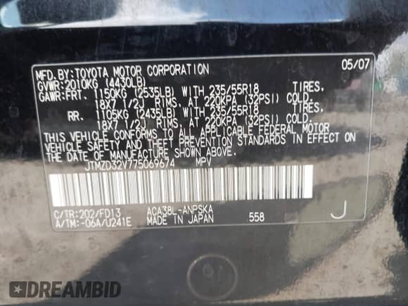 2007 Toyota RAV4 Sport with VIN JTMZD32V775069674, listed as a IAAI auction lot 43441885 with 232,577 mi miles and . Bid and sale history available at DreamBid. Image 9.