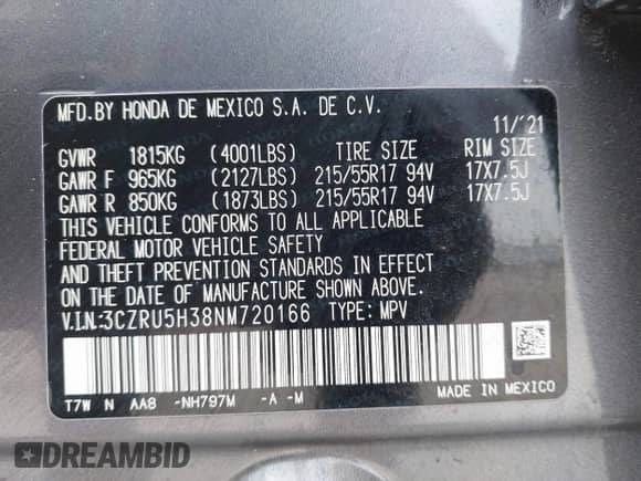 2022 Honda HR-V LX with VIN 3CZRU5H38NM720166, listed as a IAAI auction lot 42724302 with 52,313 mi miles and . Bid and sale history available at DreamBid. Image 9.