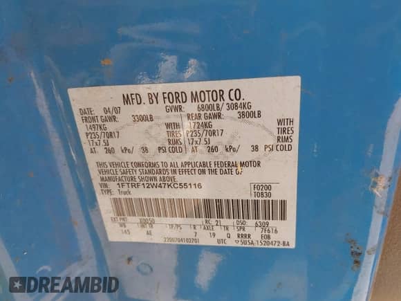 2007 Ford F-150 XL с VIN 1FTRF12W47KC55116, выставлен на аукционе IAAI как лот 42888757 с пробегом 212 522 миль миль и . История ставок и продаж доступна на DreamBid. Изображение 9.