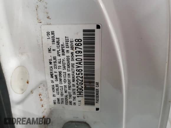 2000 Honda Accord EX с VIN 1HGCG2256YA019768, выставлен на аукционе Copart как лот 69843445 с пробегом 155 320 миль миль и Списание • Salvage title. История ставок и продаж доступна на DreamBid. Изображение 12.