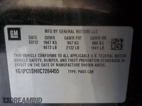 2012 Chevrolet Cruze LS z VIN 1G1PC5SH8C7284455, wystawiony jako Copart lot #86650545 z przebiegiem 169 624 mil mil oraz Szkoda całkowita • Salvage title. Historia ofert i sprzedaży dostępna na DreamBid. Obrazek 12.