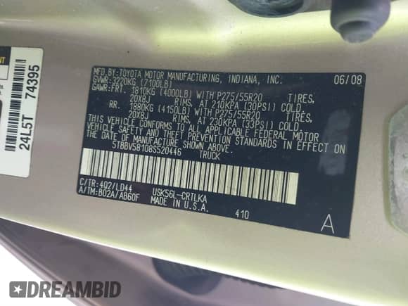 2008 Toyota Tundra Limited с VIN 5TBBV58108S520446, выставлен на аукционе IAAI как лот 41461273 с пробегом 218 480 миль миль и . История ставок и продаж доступна на DreamBid. Изображение 9.