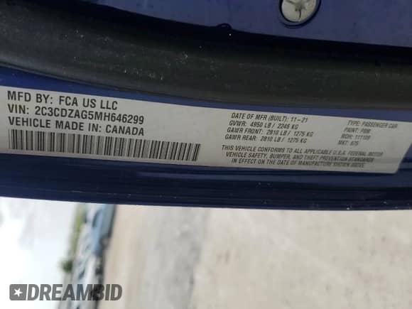 2021 Dodge Challenger SXT with VIN 2C3CDZAG5MH646299, listed as a Copart auction lot 71701895 with Not provided miles and Salvage title. Bid and sale history available at DreamBid. Image 12.
