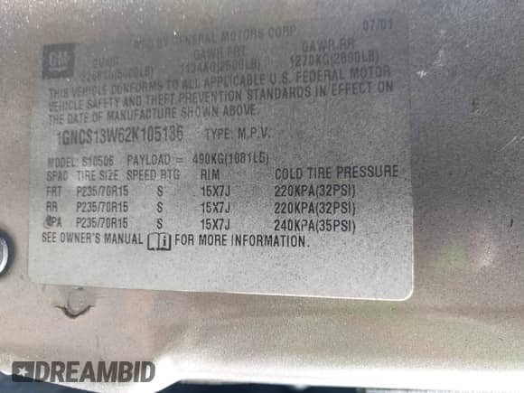 2002 Chevrolet Blazer LS z VIN 1GNCS13W62K105136, wystawiony jako IAAI lot #42087873 z przebiegiem 252 602 mil mil oraz . Historia ofert i sprzedaży dostępna na DreamBid. Obrazek 9.