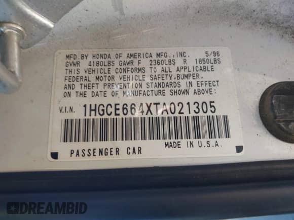 1996 Honda Accord with VIN 1HGCE664XTA021305, listed as a IAAI auction lot 41600685 with 151,320 mi miles and . Bid and sale history available at DreamBid. Image 9.