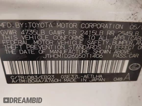 2016 Lexus IS 300/350 with VIN JTHCM1D26G5011406, listed as a IAAI auction lot 42581443 with 102,004 mi miles and . Bid and sale history available at DreamBid. Image 9.