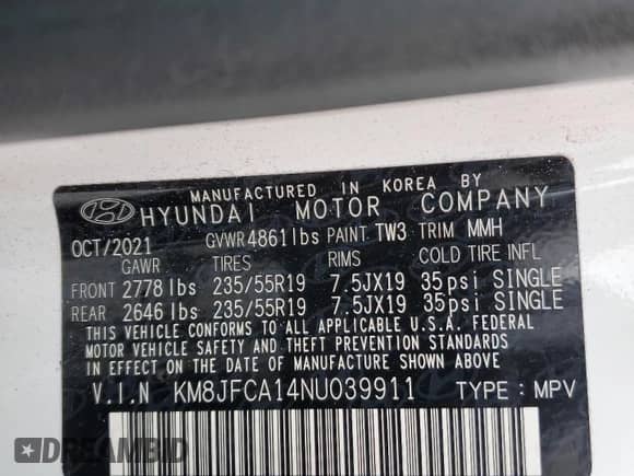 2022 Hyundai Tucson SEL Convenience with VIN KM8JFCA14NU039911, listed as a Copart auction lot 85334705 with 87,550 mi miles and Salvage title. Bid and sale history available at DreamBid. Image 14.