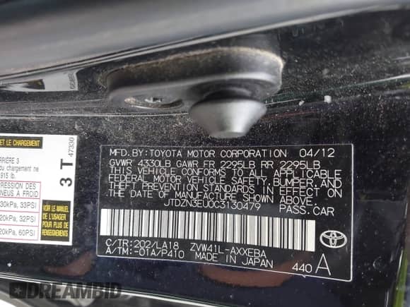 2012 Toyota Prius Two with VIN JTDZN3EU0C3130479, listed as a IAAI auction lot 43546706 with 173,897 mi miles and . Bid and sale history available at DreamBid. Image 9.