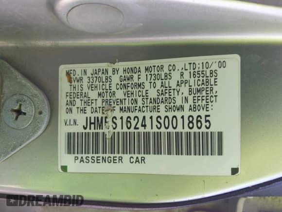 2001 Honda Civic с VIN JHMES16241S001865, выставлен на аукционе IAAI как лот 43121352 с пробегом 212 250 миль миль и . История ставок и продаж доступна на DreamBid. Изображение 9.